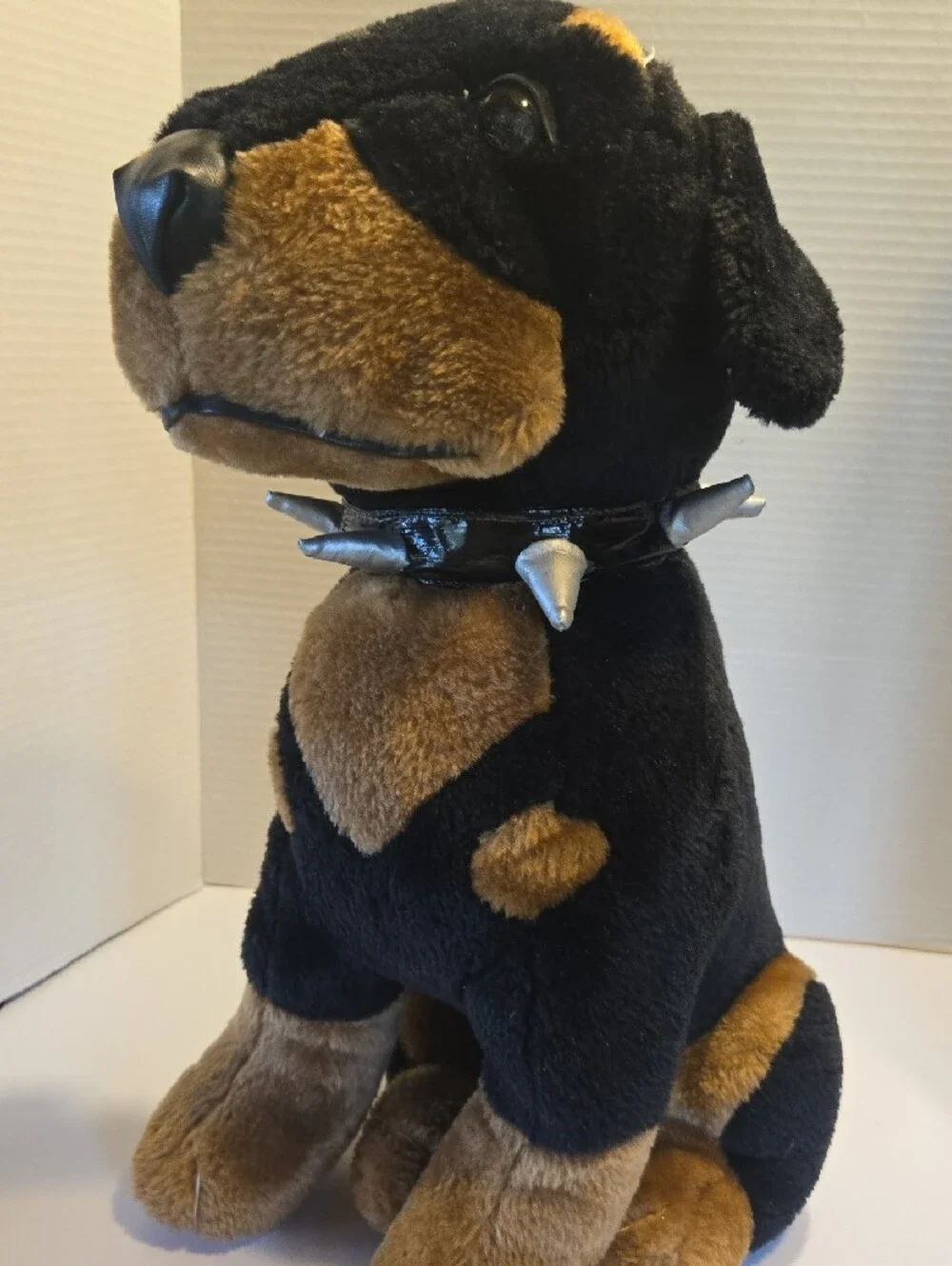 Plush Doberman Dog Toy in Black and Brown with Spike Collar